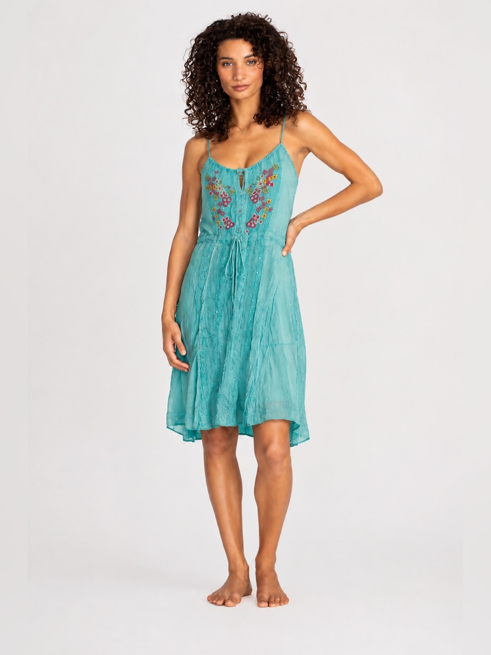 Johnny Was Embroidered Turquoise Button-Front Boho Mini Dress